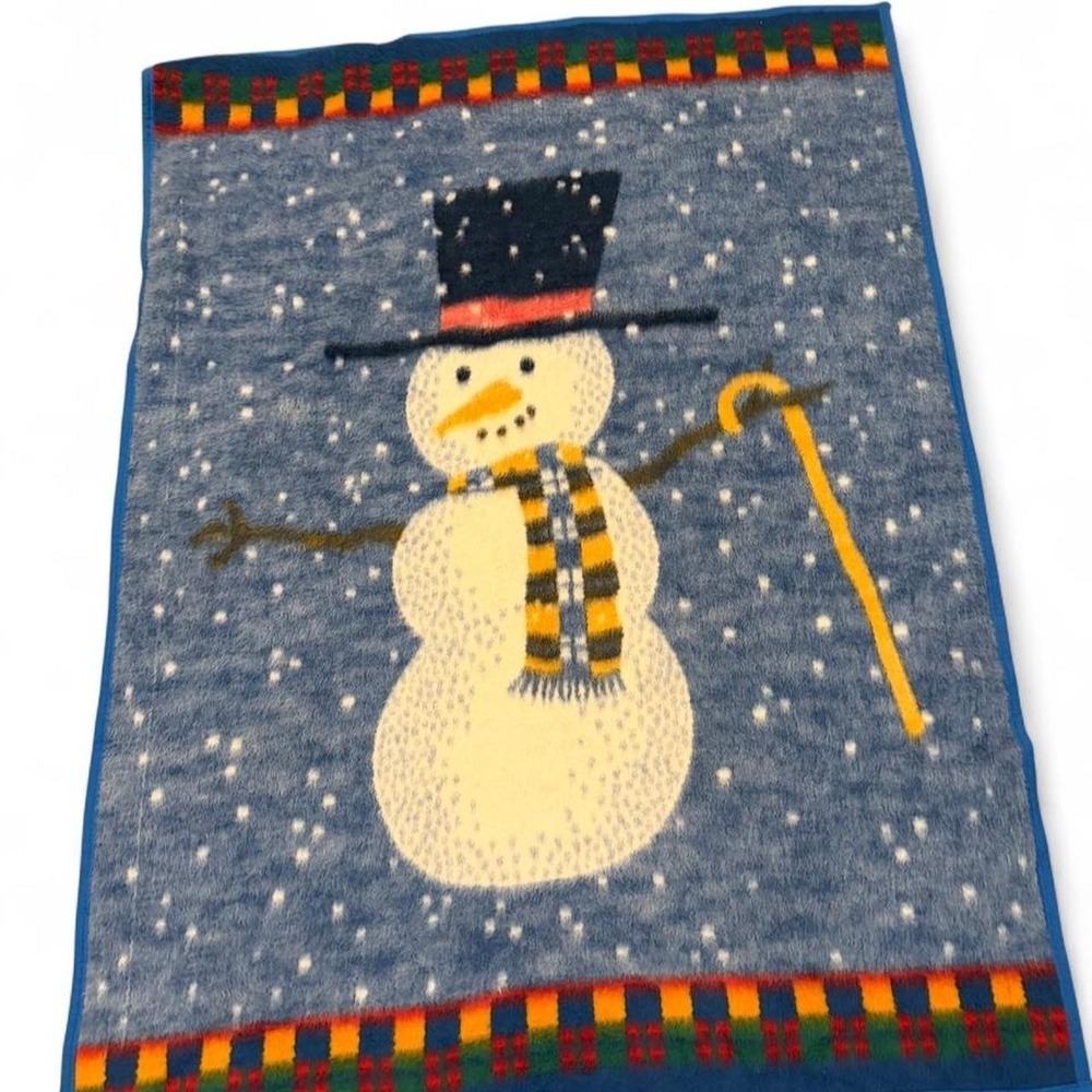 Vintage Biederlack Blanket Snowmen Snowman Winter Blue Reversible 74"X56" USA